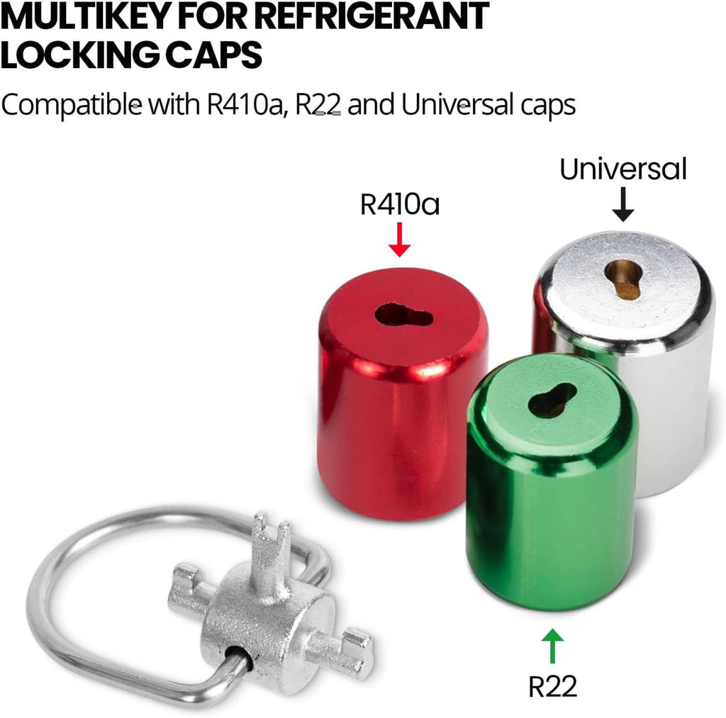 Refrigerant locking cap key kit shown with red, green, and silver locking caps