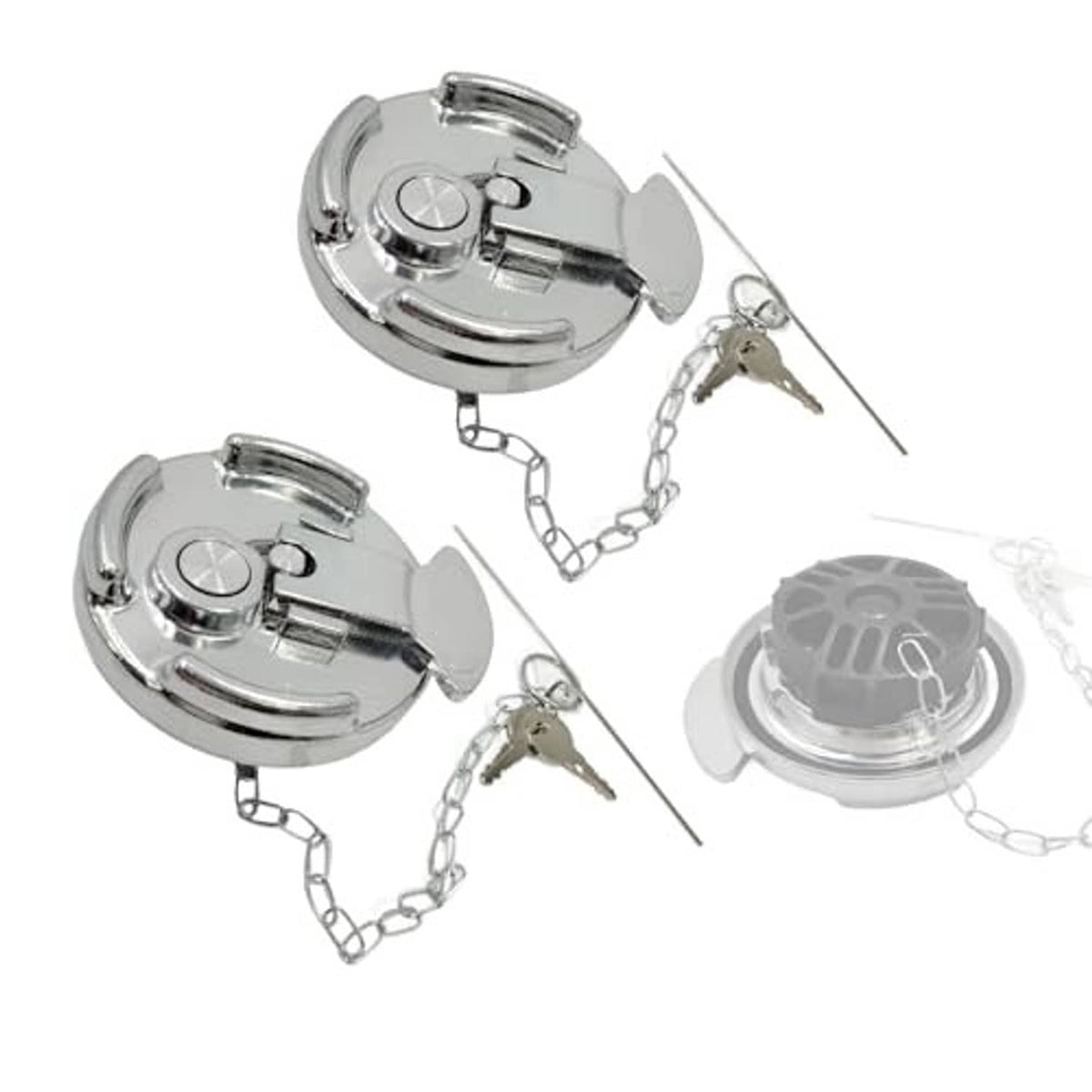 Set of locking diesel fuel caps with chrome finish, lever-style locks and retaining chains