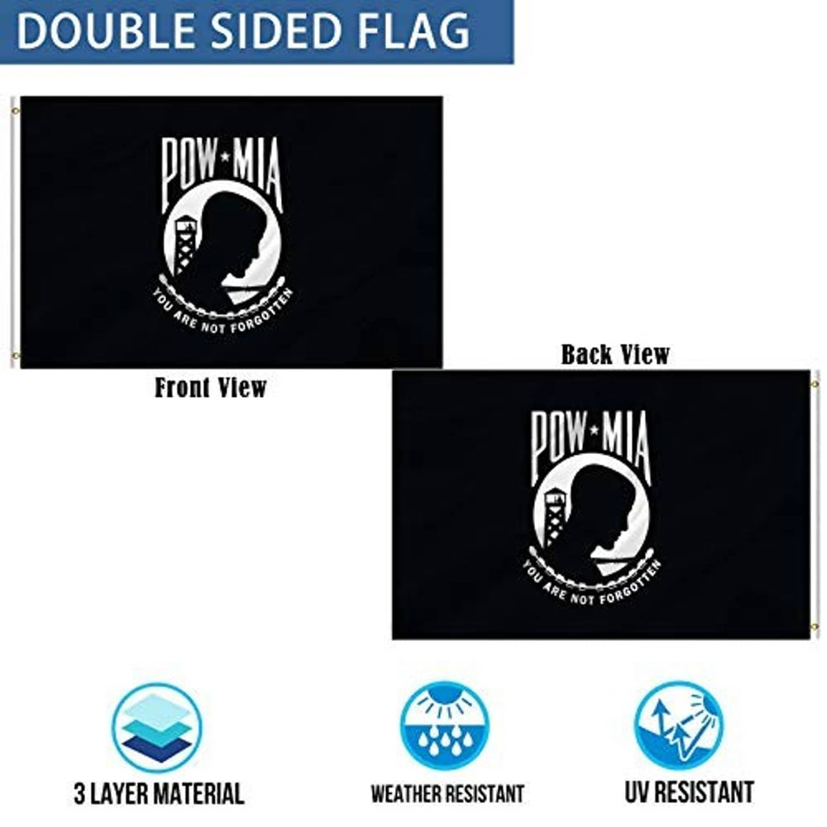 Double-sided POW*MIA flag, shown with front and back views on black fabric.