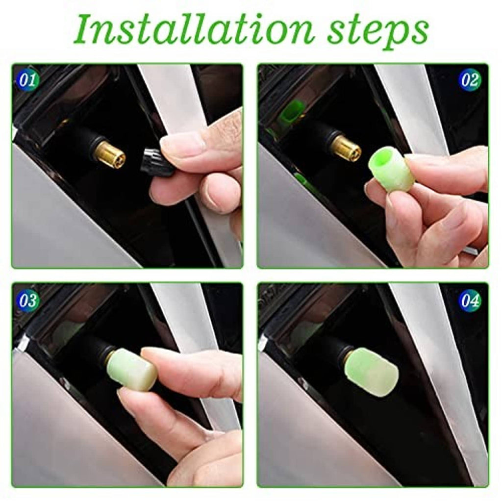 Glow-in-the-dark tire valve stem caps installation steps with green cap on valve