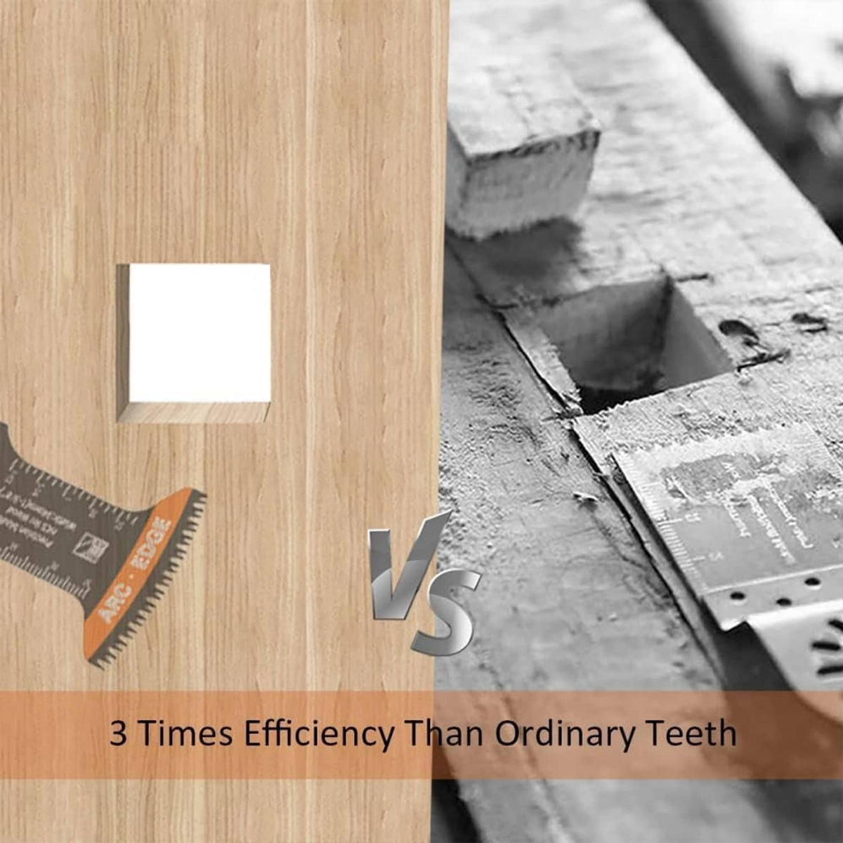Curved-edge Japanese tooth oscillating blade shown in wood cutout, BBYPP label
