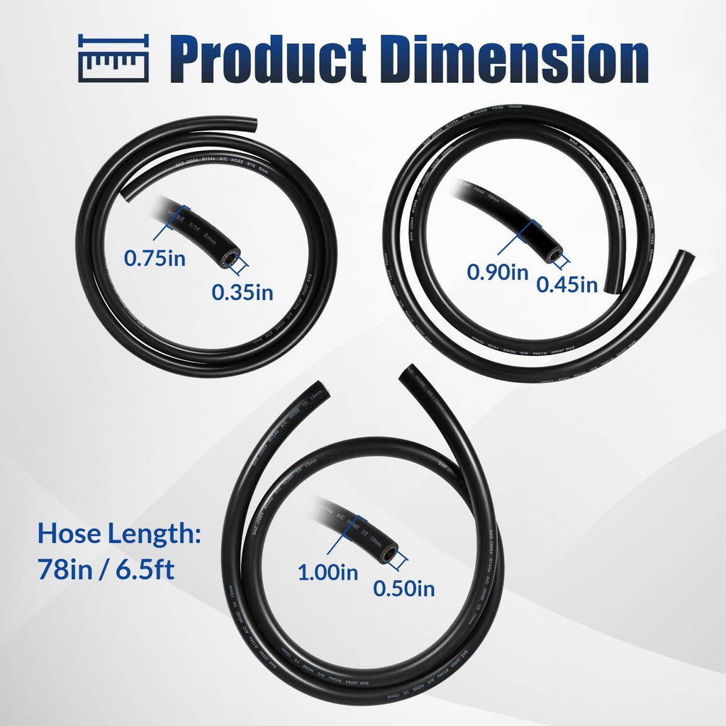 A/C hose kit set of black hoses with length measurements for #6, #8, and #10
