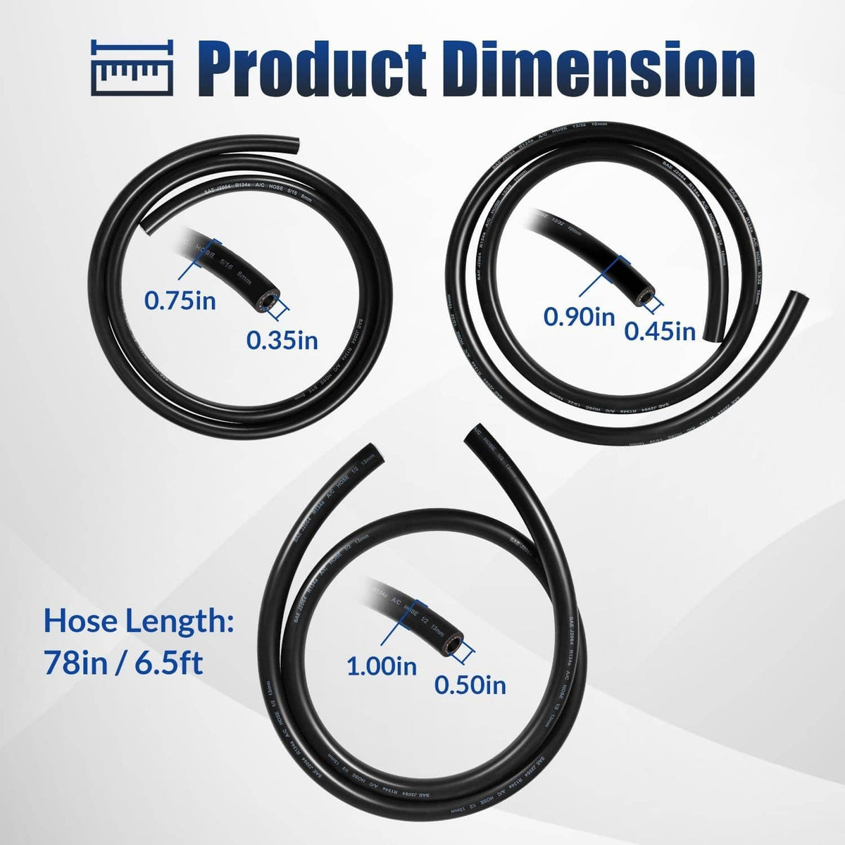A/C hose kit set of black hoses with length measurements for #6, #8, and #10