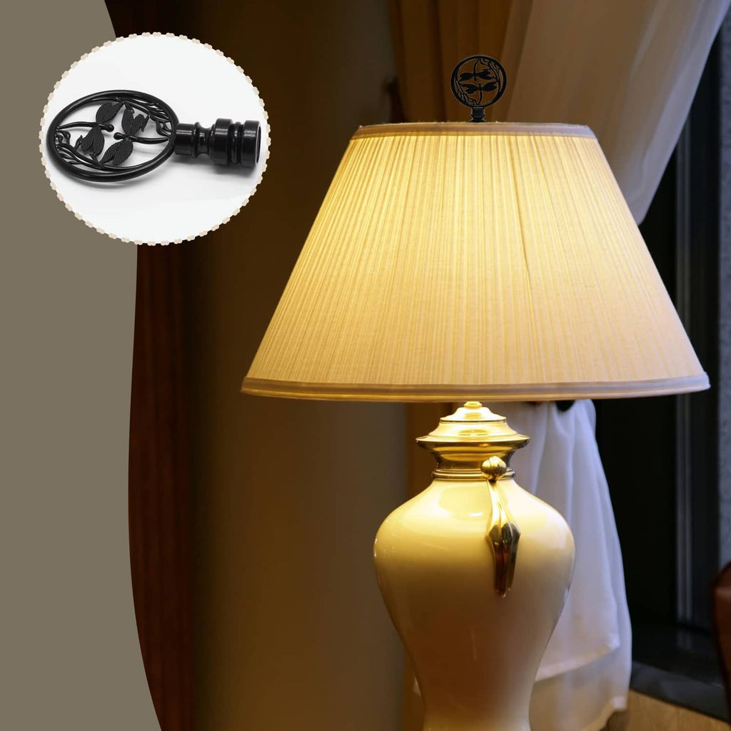 Black dragonfly lamp finial on cream lamp shade, round medallion on threaded base