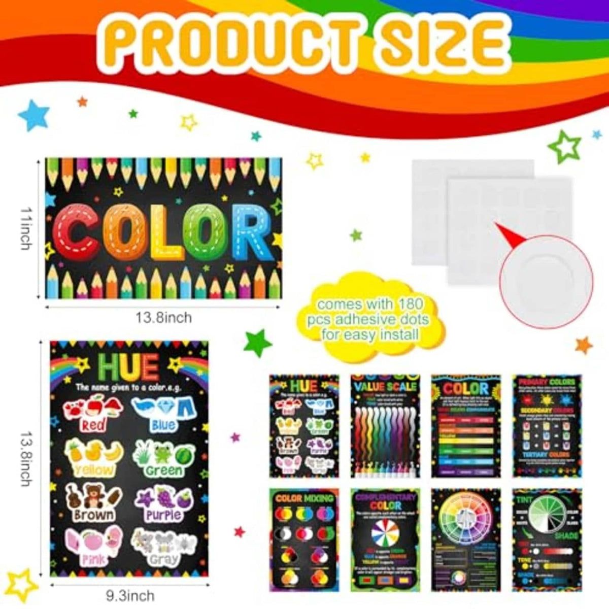 Color theory poster set size diagram shows 13.8 in and 9.3 in posters