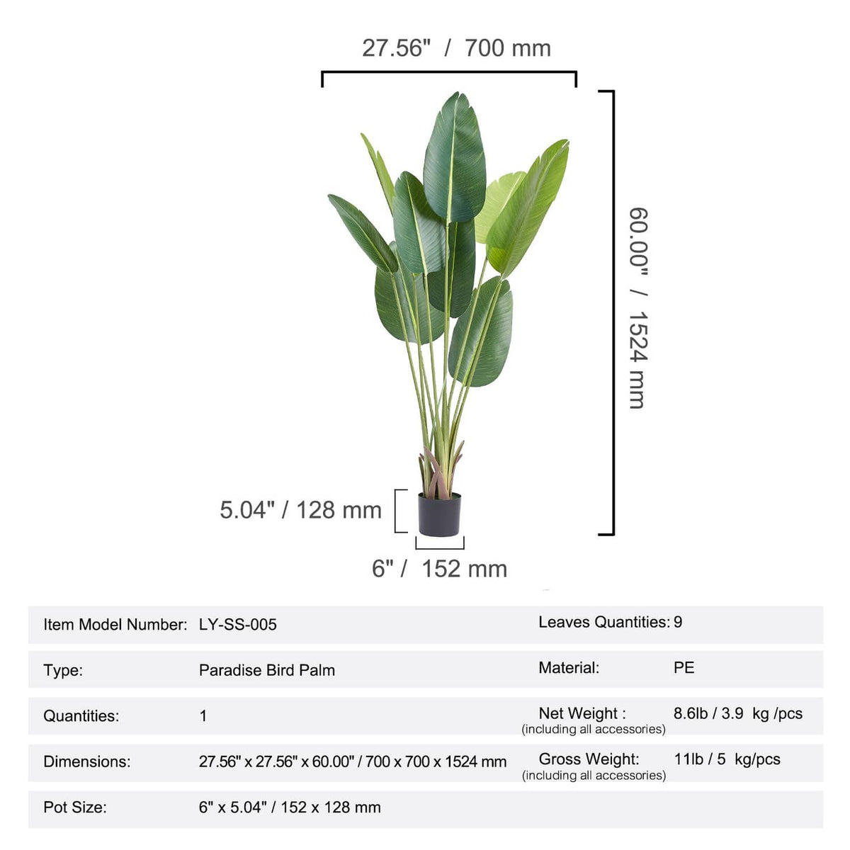 Artificial bird of paradise palm plant with pot and overall height diagram