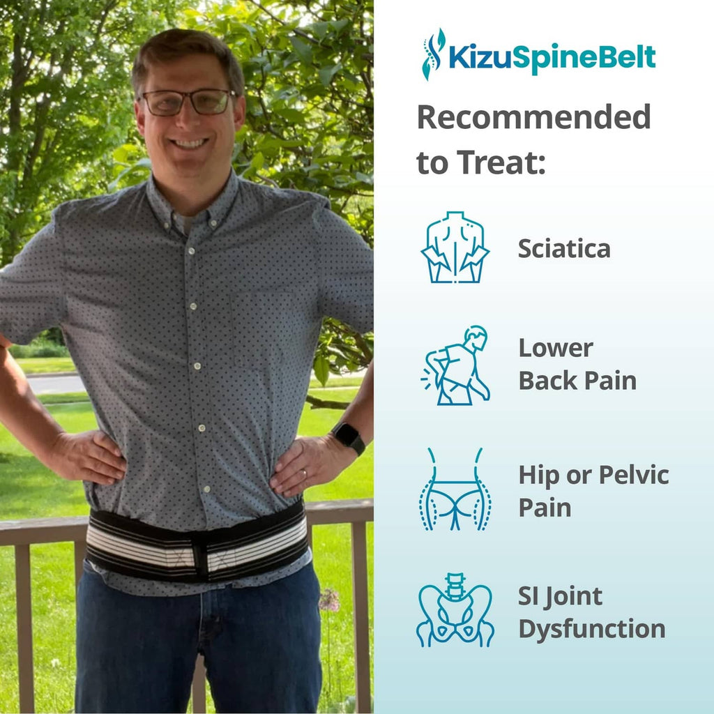 Black lumbar belt worn over a shirt and jeans, showing recommended use on torso