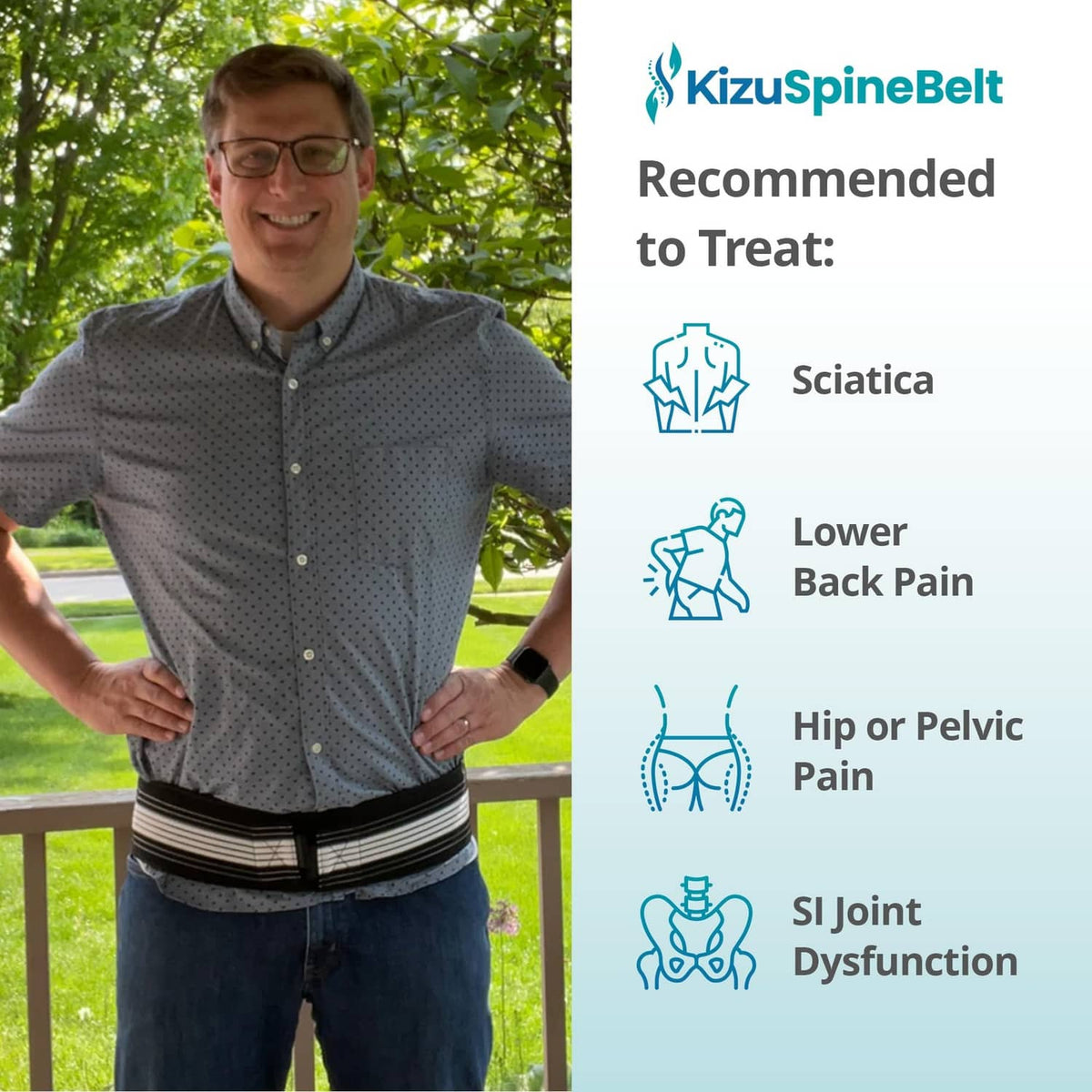 Black lumbar belt worn over a shirt and jeans, showing recommended use on torso