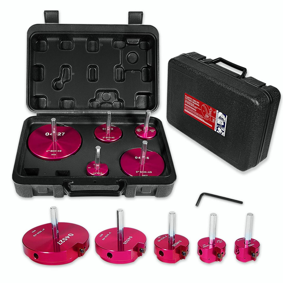 Plastic pipe fitting reamer kit with magenta reamers and black storage case