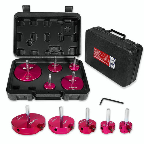 Plastic pipe fitting reamer kit with magenta reamers and black storage case