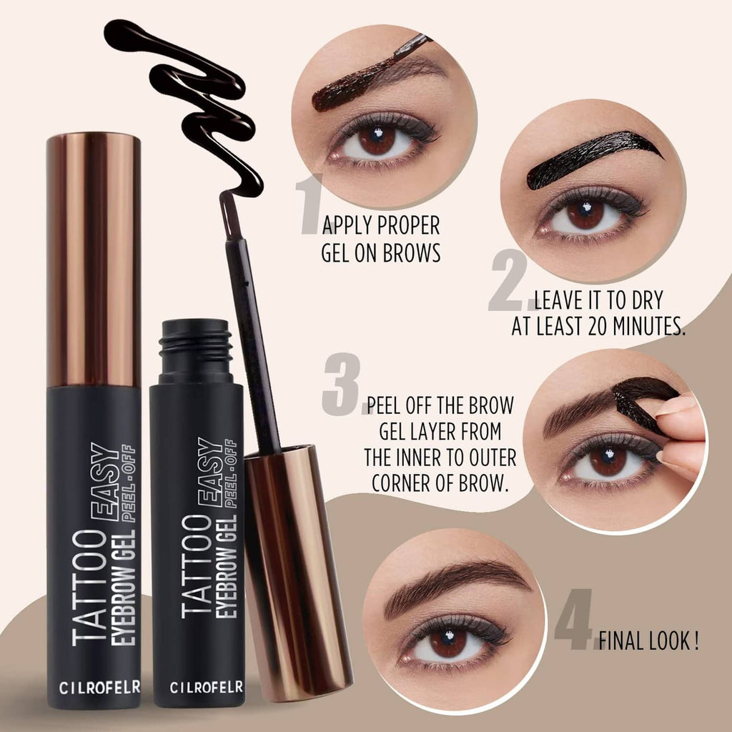 Peel-off eyebrow gel kit with applicator brush, three tubes, and circular usage steps