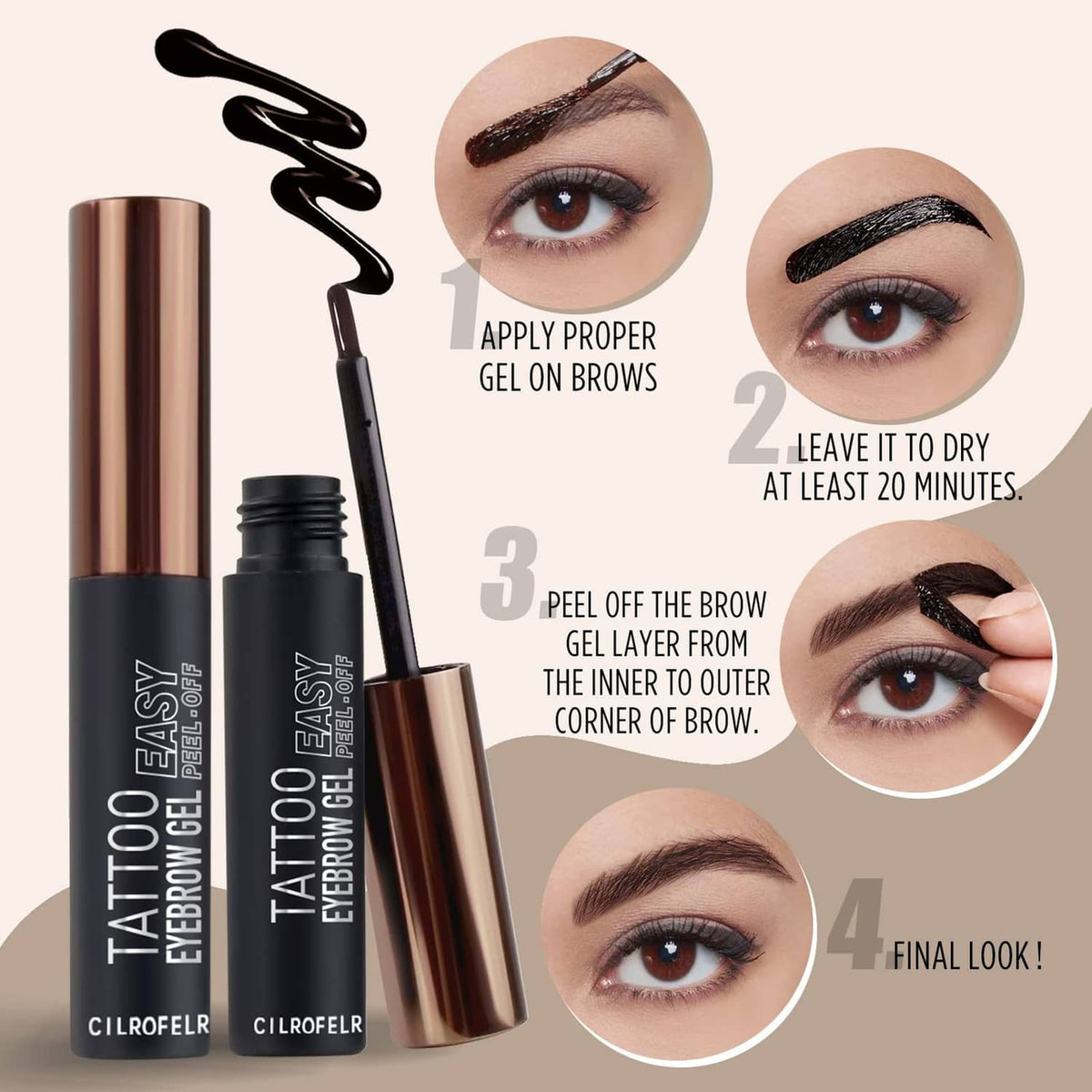 Peel-off eyebrow gel kit with applicator brush, three tubes, and circular usage steps