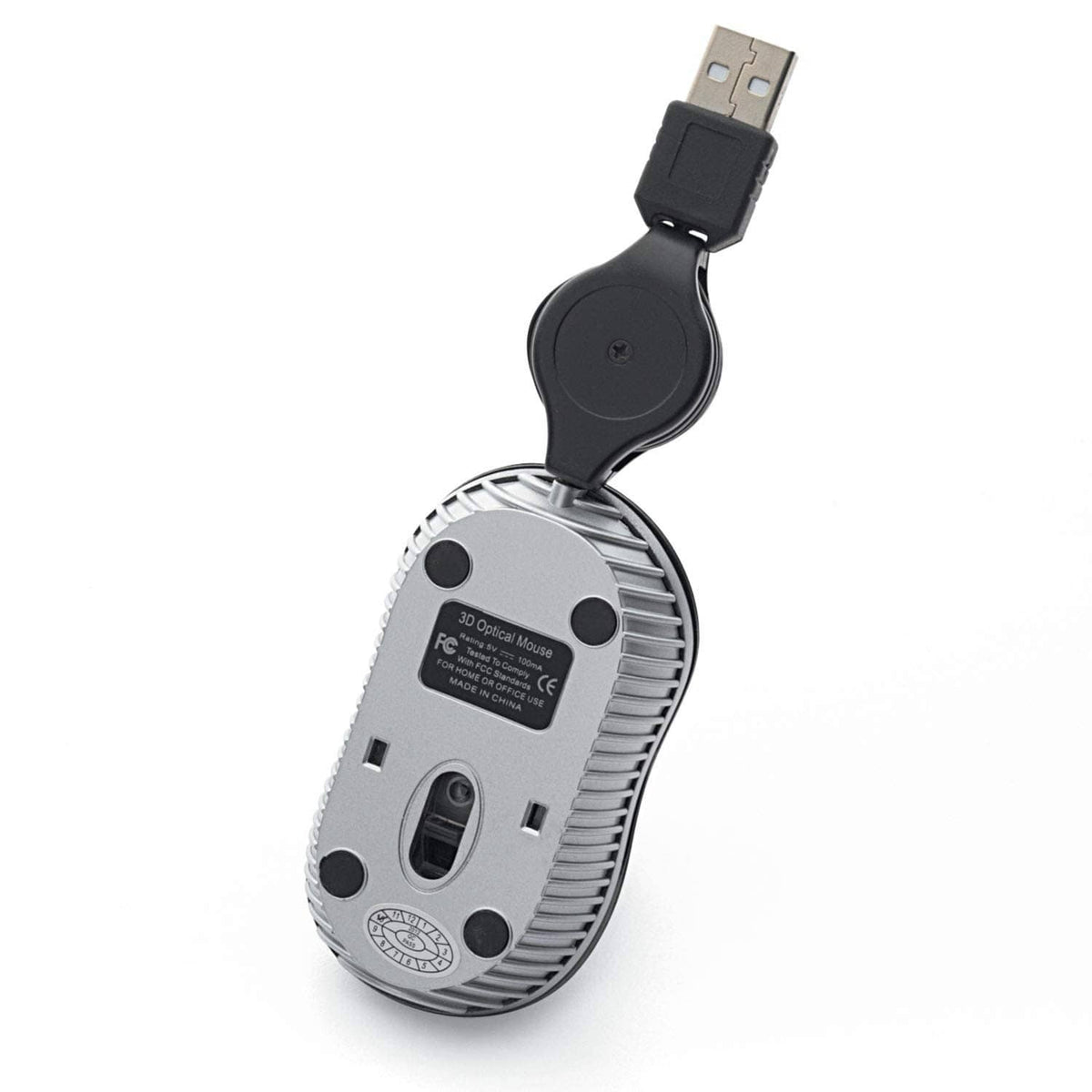 Bottom view of mini wired optical USB mouse with USB connector