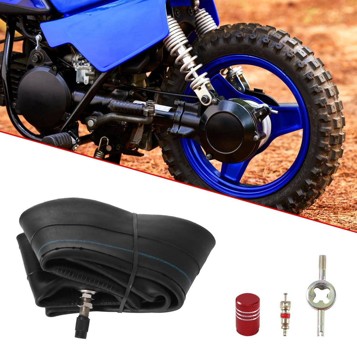 Motorcycle inner tube replacement kit: black tube, straight valve stem and accessories