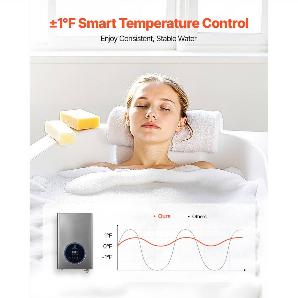Smart propane tankless water heater with temperature control display and knob interface