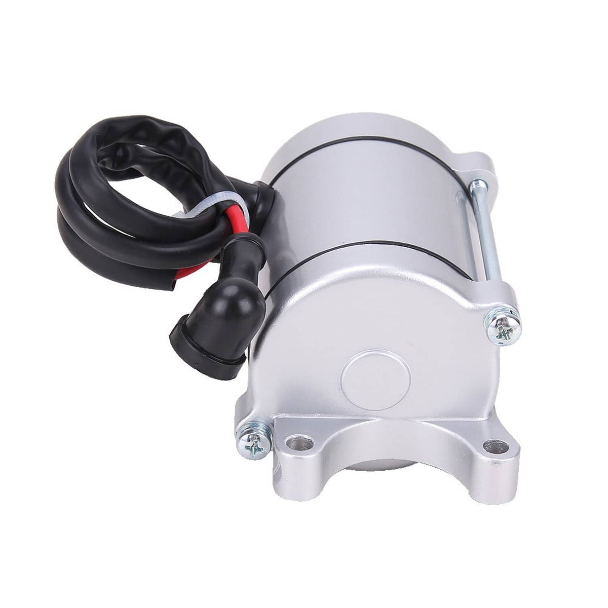 Starter motor end view with black wiring harness and mounting bracket plates