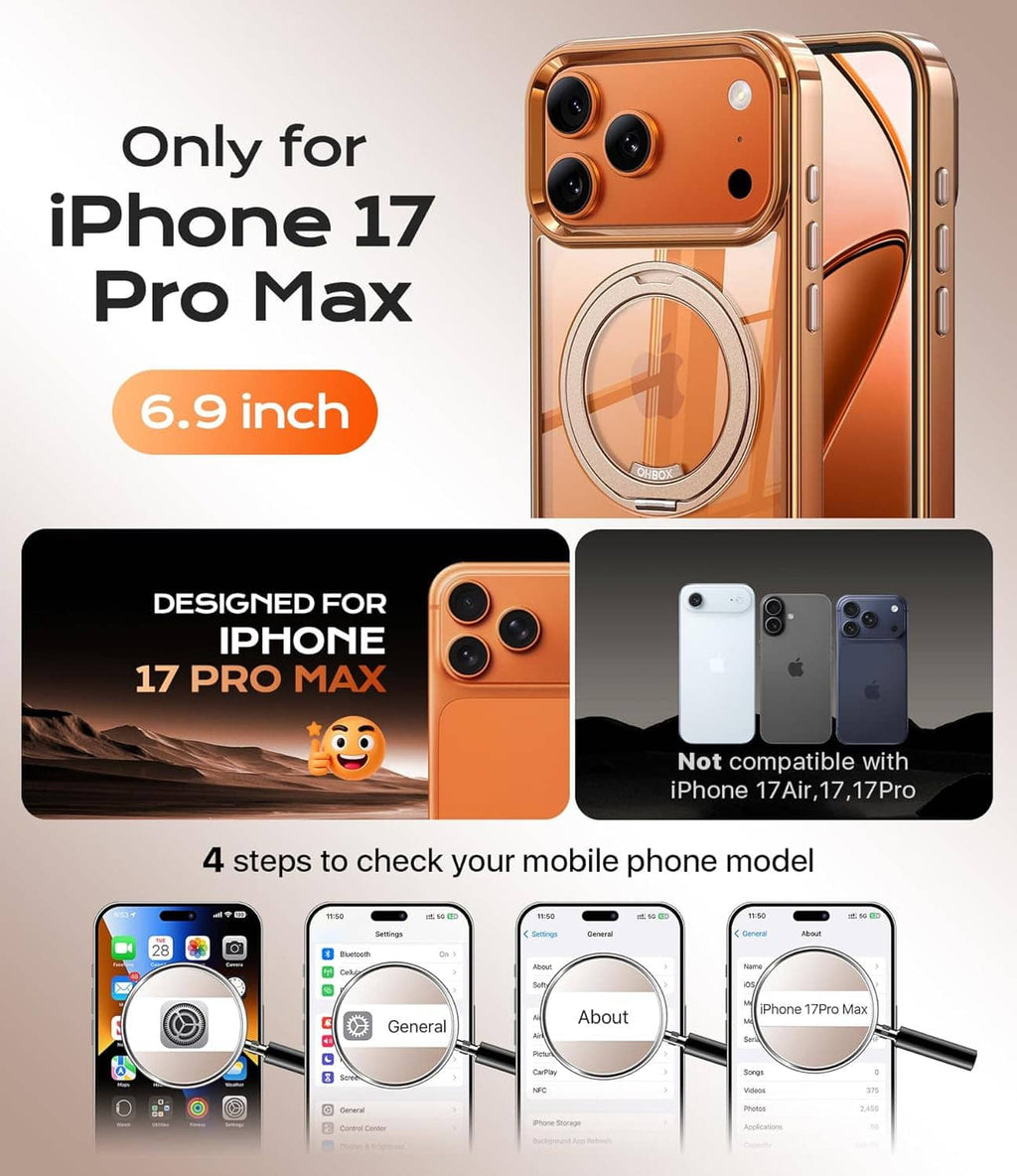 Orange iPhone 17 Pro Max case with ring stand, side buttons, camera cutouts