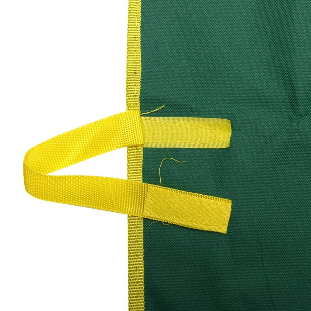 Close-up of yellow tie strap and stitching on green multi-pocket tool roll-up pouch