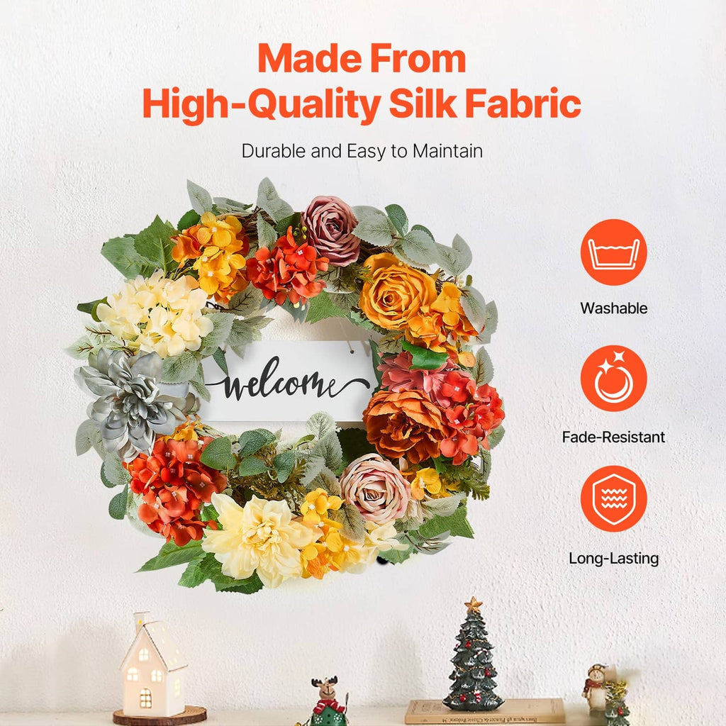 Multicolor silk-style floral wreath with Welcome sign, roses, hydrangeas, and leafy accents