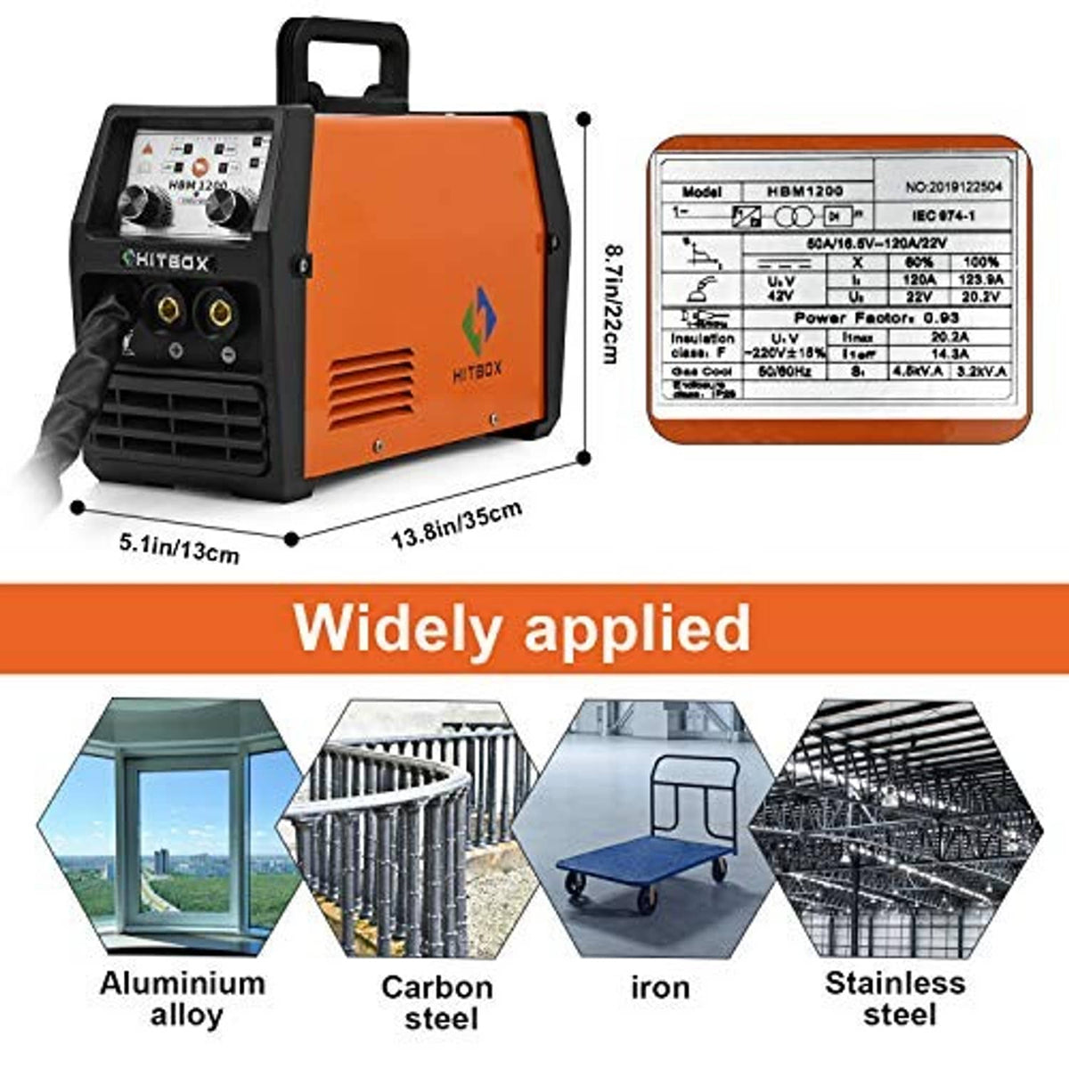 3-in-1 welder with carrying handle, orange casing, and power specs label