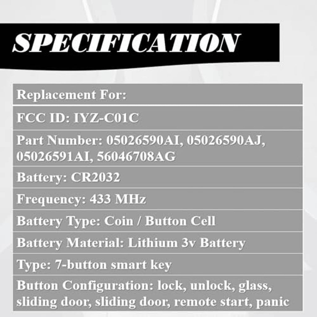 Key fob specification: FCC ID, part numbers, CR2032, 433 MHz, 7-button smart key