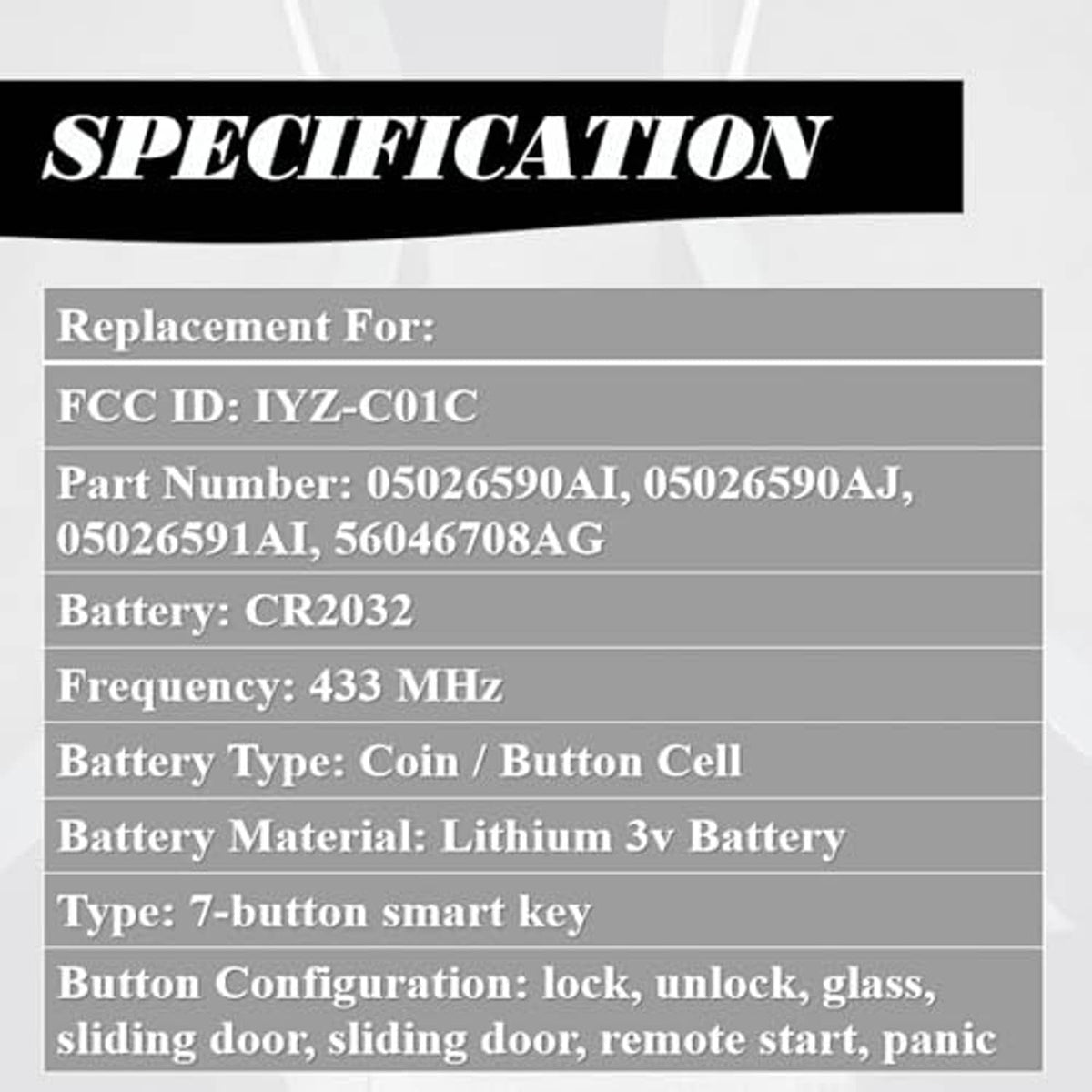 Key fob specification: FCC ID, part numbers, CR2032, 433 MHz, 7-button smart key