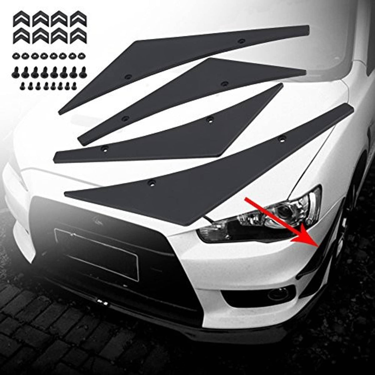 Black front bumper lip splitter fins installed with screw kit shown
