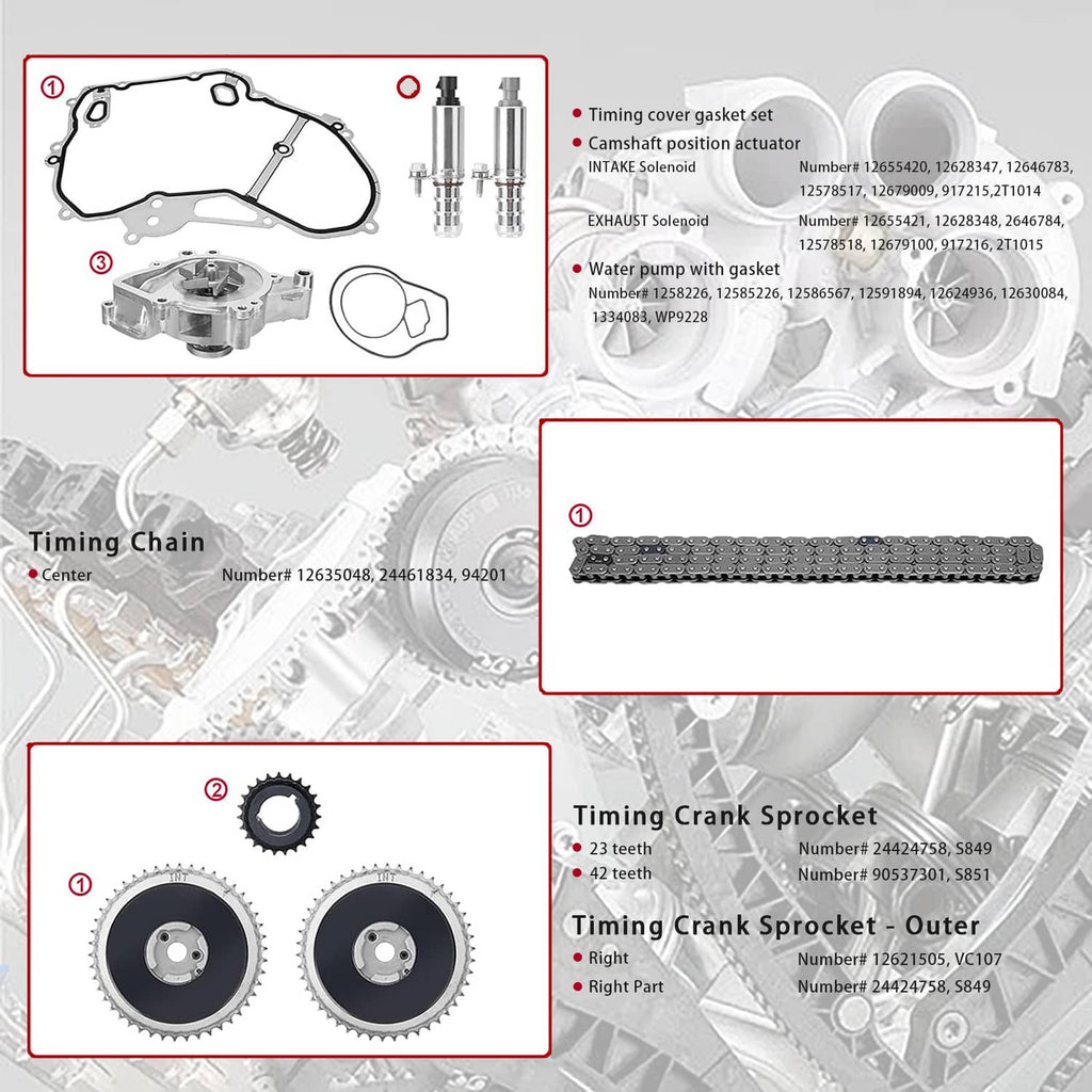 Timing chain kit parts: timing chain, sprockets, water pump, cover gasket, camshaft components