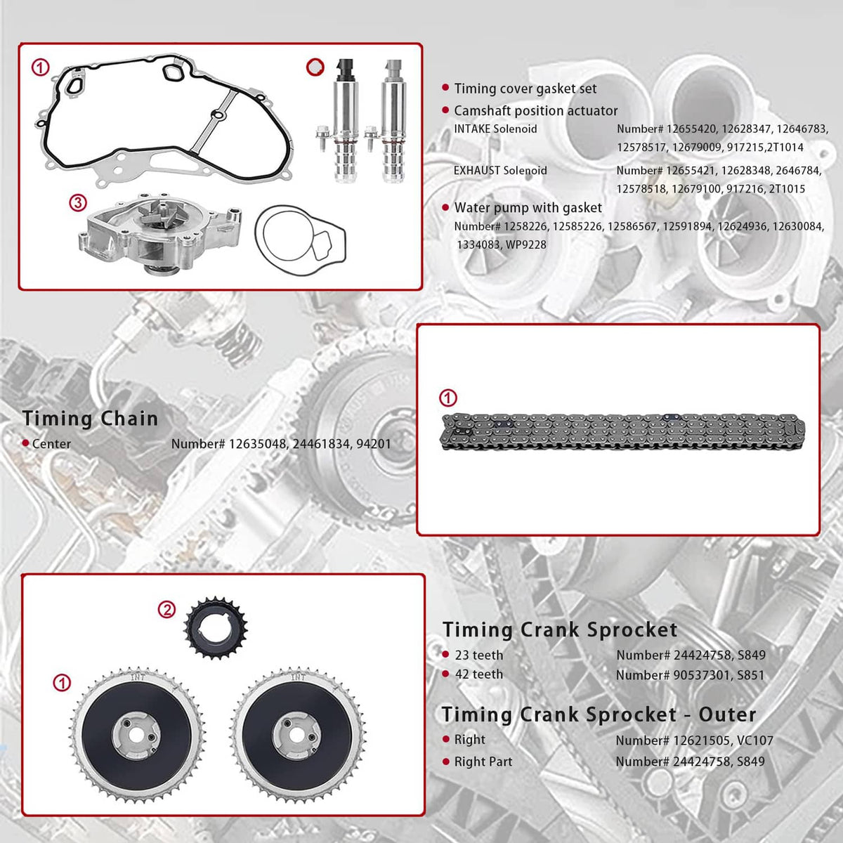 Timing chain kit parts: timing chain, sprockets, water pump, cover gasket, camshaft components