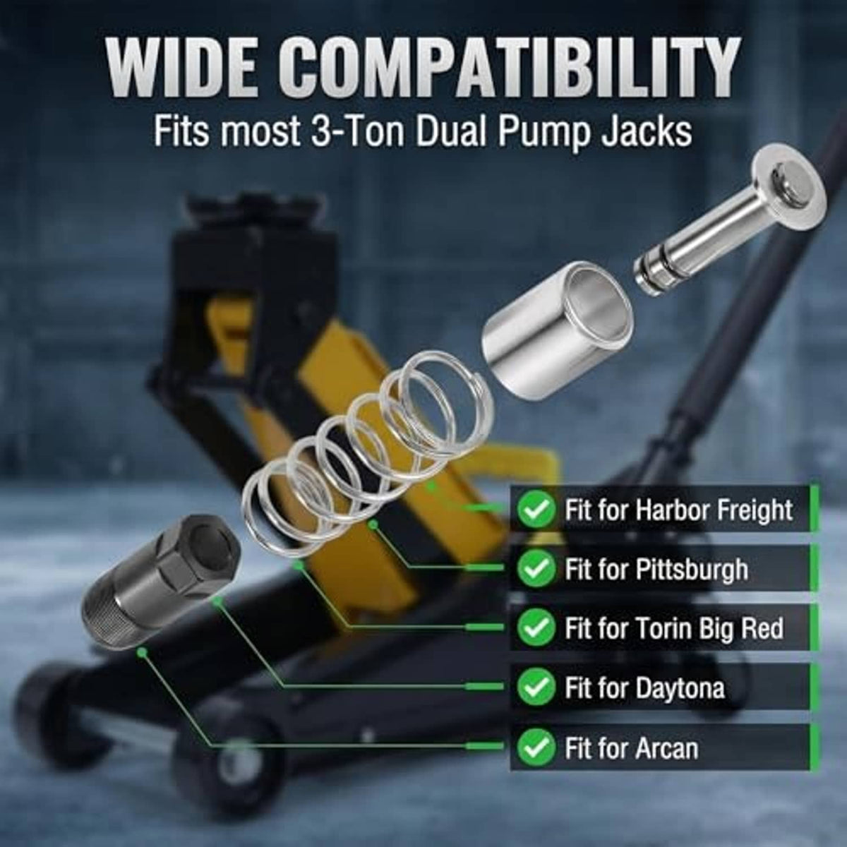 Universal floor jack repair kit plunger set with springs and cylinder sleeves near jack