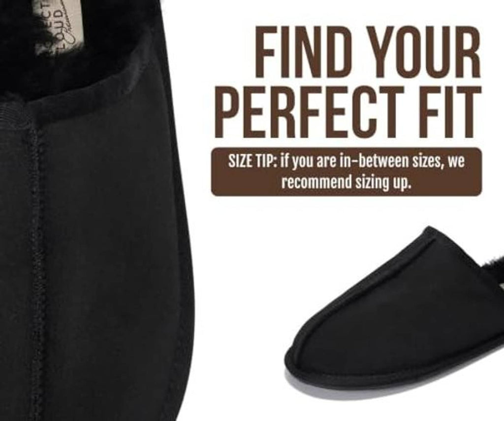 Black shearling-lined leather slipper showing side view and cushioned insole