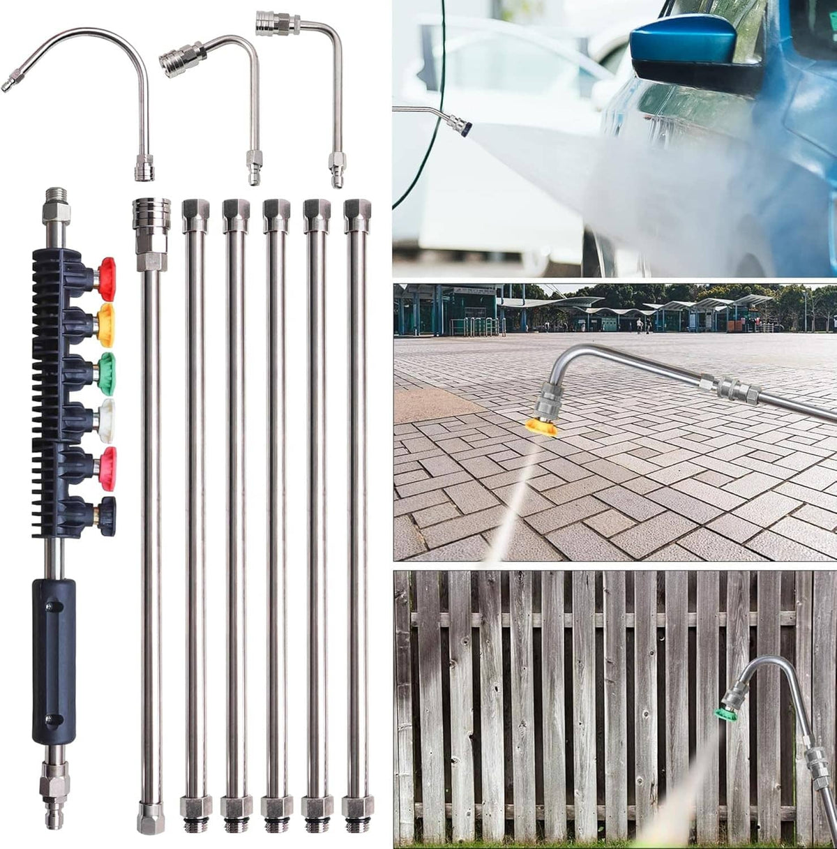 Pressure washer extension wand kit with 6 lances and metal quick-connect couplers