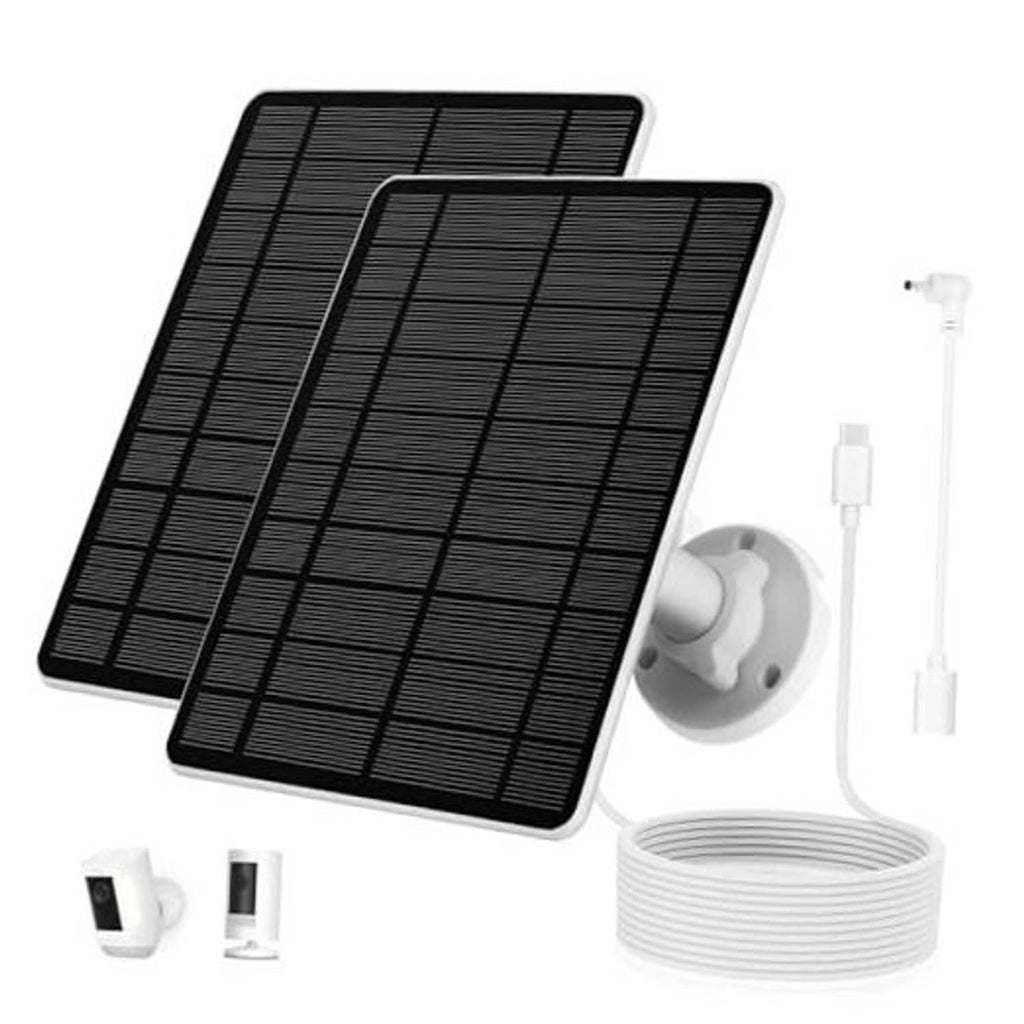 Two black solar panels with white wall mount and charging cable accessories
