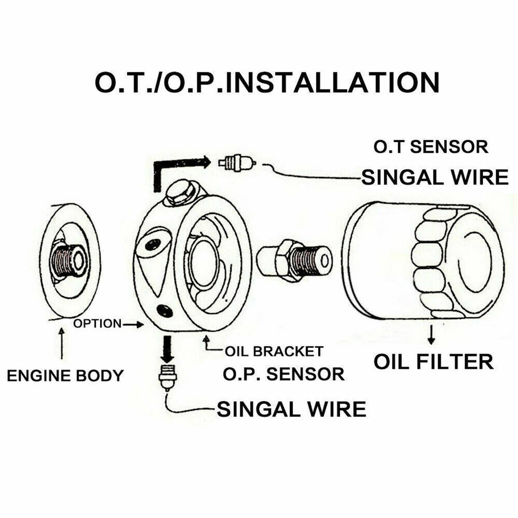 Oil filter adapter plate diagram showing oil bracket, O.P. sensor, and signal wires