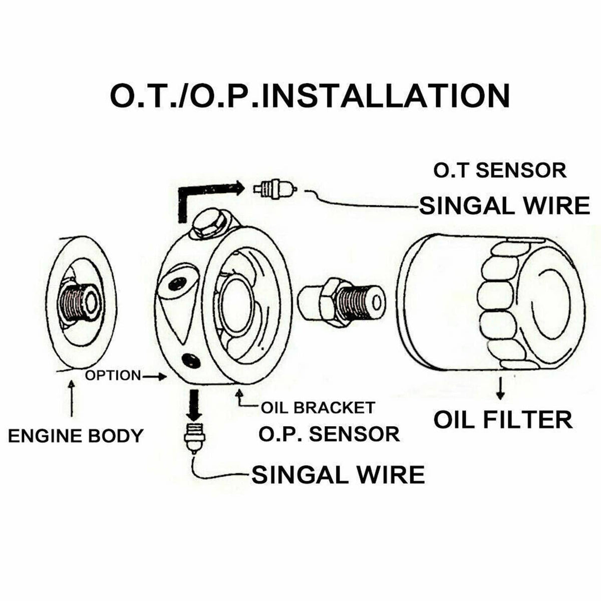Oil filter adapter plate diagram showing oil bracket, O.P. sensor, and signal wires