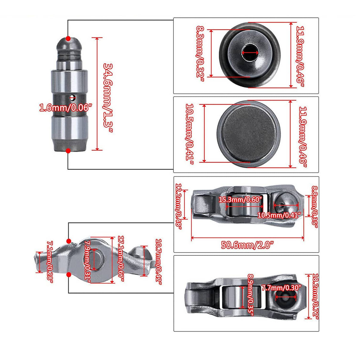 Valve lifter and rocker arm dimensions diagram with measured metal profiles