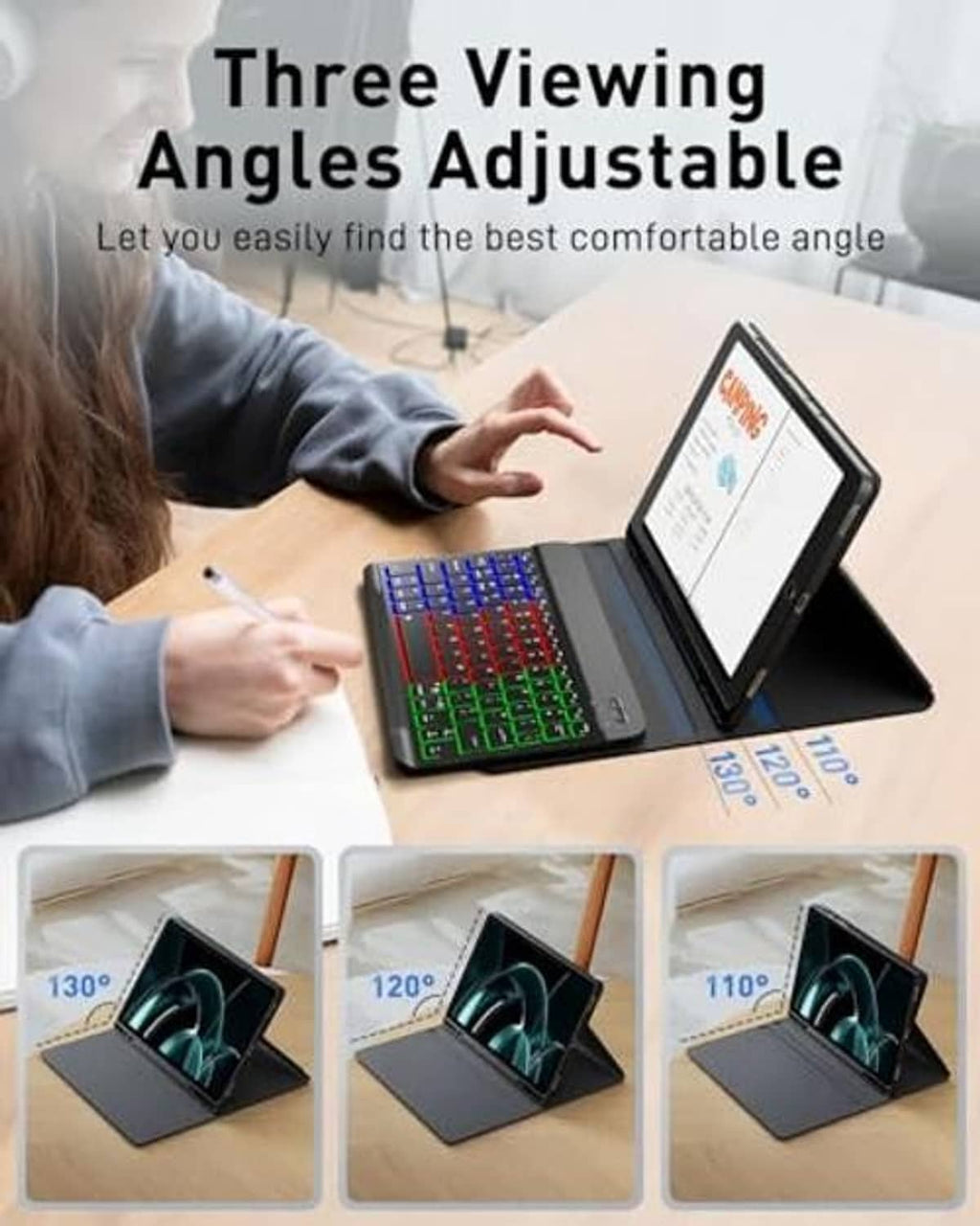 Tablet keyboard case stand shown in three adjustable viewing angles