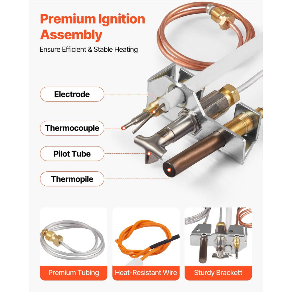 Natural gas pilot assembly showing electrode, pilot tube, and thermocouple probes on bracket