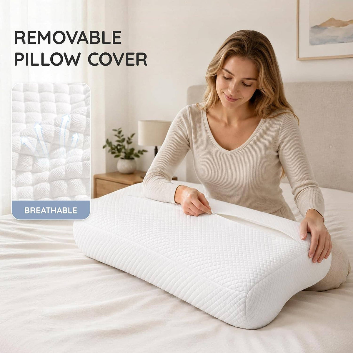 White contour memory foam neck pillow with removable cover, folded on bed