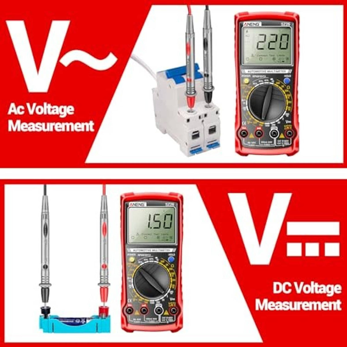 Red digital multimeter displaying voltage reading with red and black test probes connected
