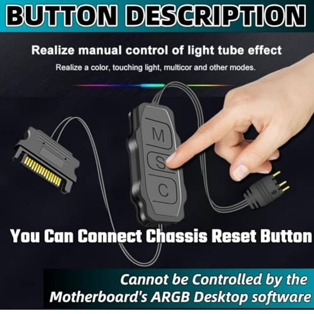 Hand pressing mode buttons on gray ARGB controller with two cable leads