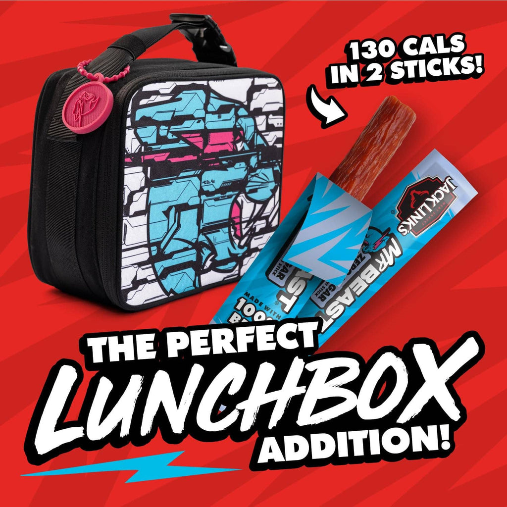 Mini beef jerky sticks with 130 calories claim and zip lunchbox add-on