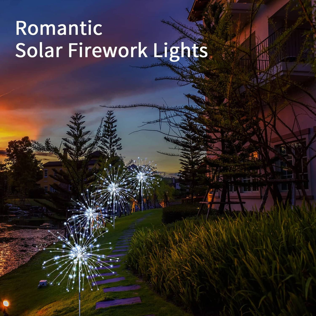 Solar firework stake lights with cool-white LED bursts along a yard path at dusk