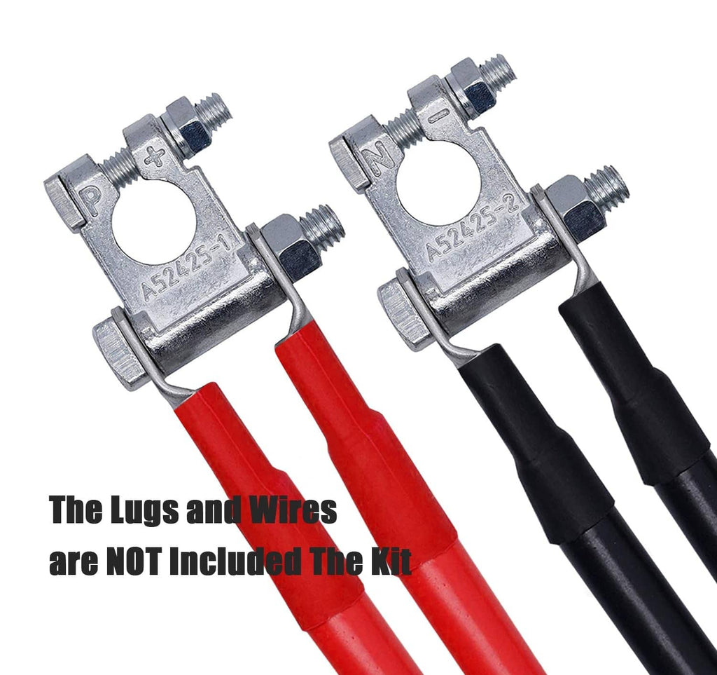 Pair of top-post battery terminal ends, N and P, shown with red/black wires; not included