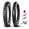 Black knobby front tire and inner tube with valve caps, valve cores, and tool