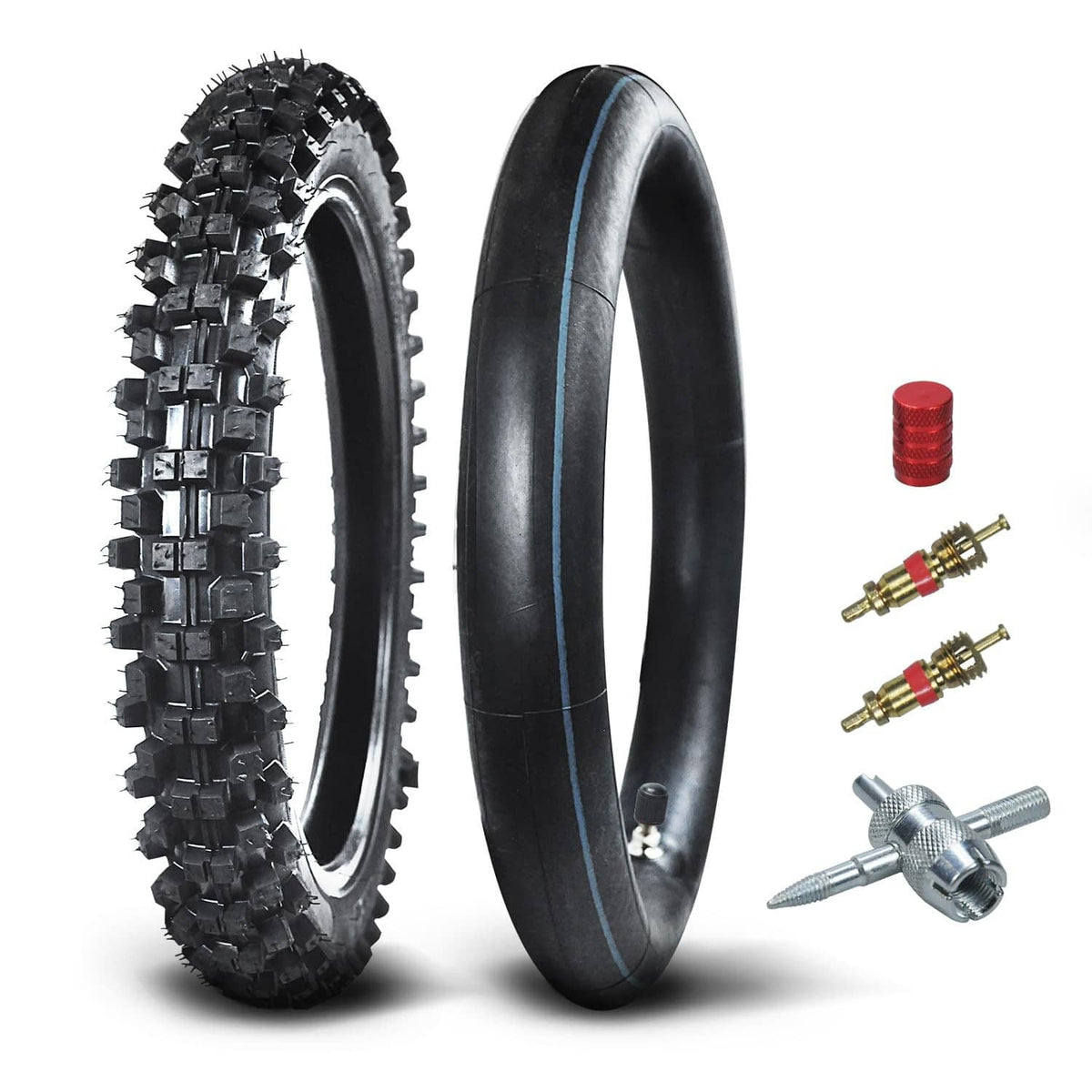 Black knobby front tire and inner tube with valve caps, valve cores, and tool