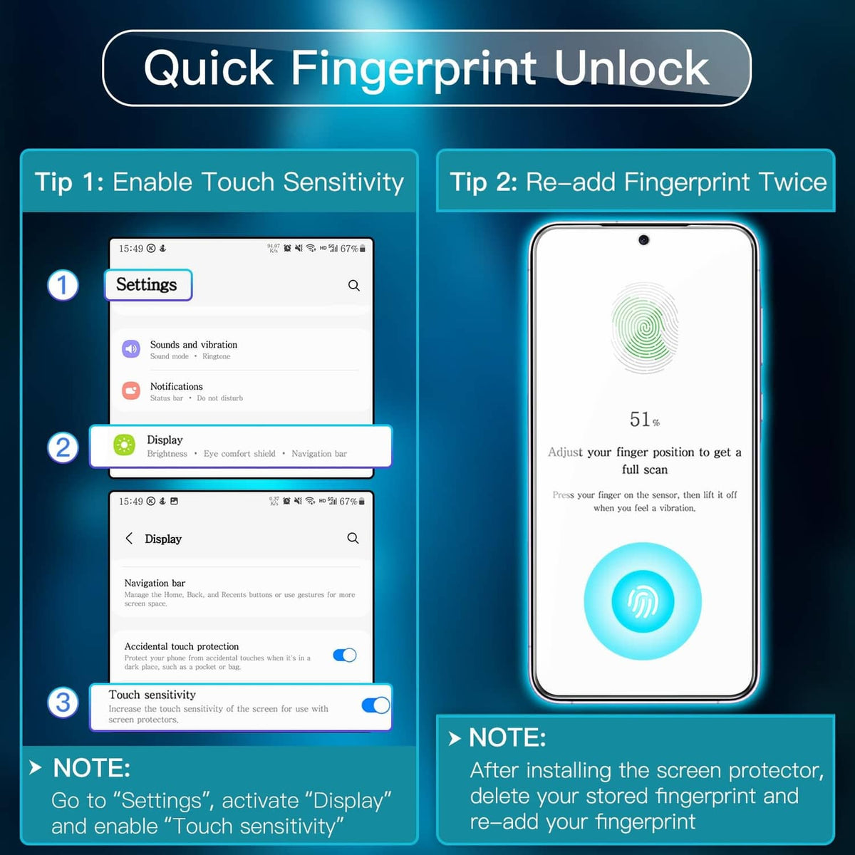 Clear tempered glass screen protector with quick fingerprint unlock support