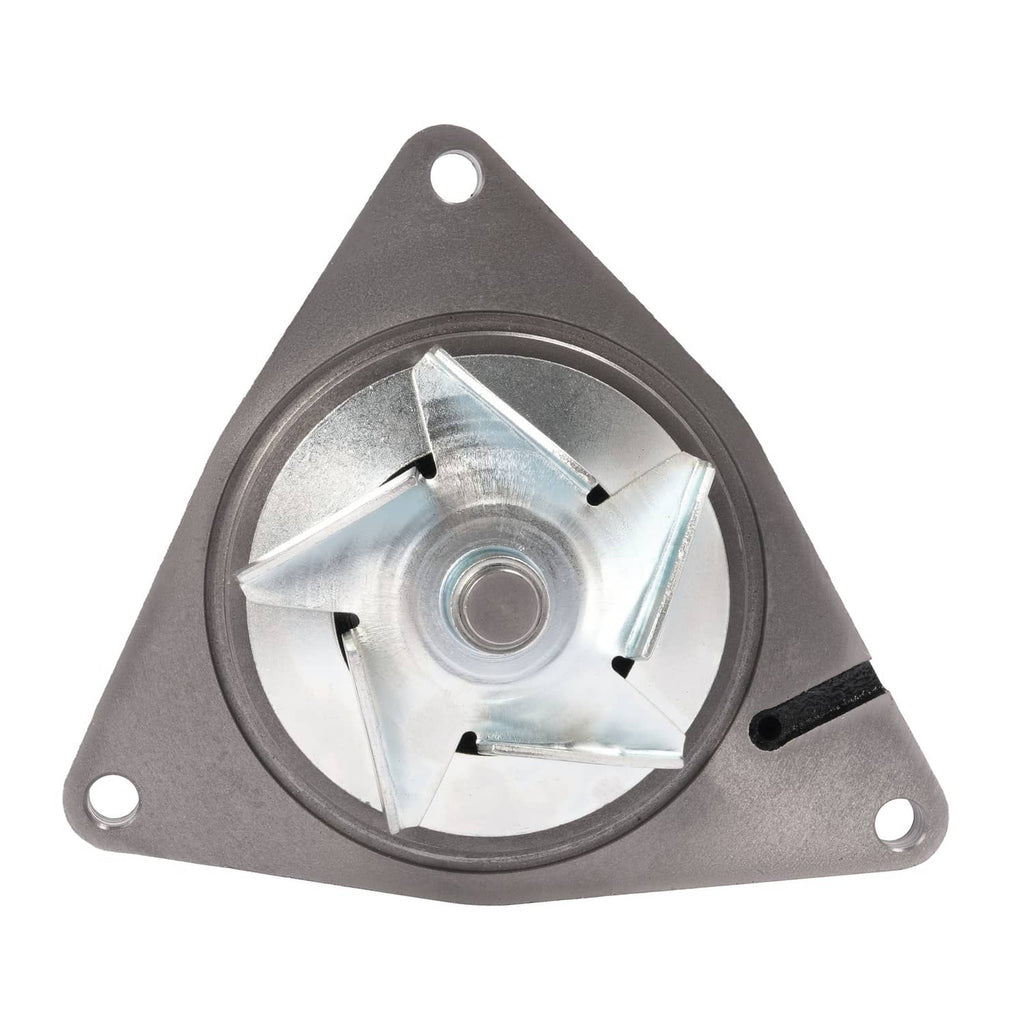 Water pump with silver impeller visible inside gray triangular housing