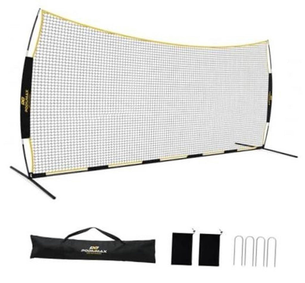 Lacrosse backstop net with yellow-trim frame and black corner sleeves on metal legs