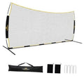 Lacrosse backstop net with yellow-trim frame and black corner sleeves on metal legs
